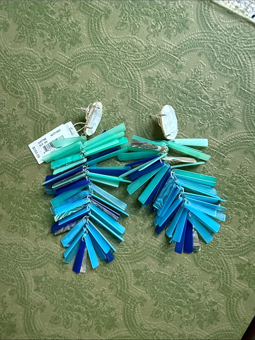 NWT Kendra Scott Justyne Earrings Blue Fringe Tassel Statement MOP Dangle